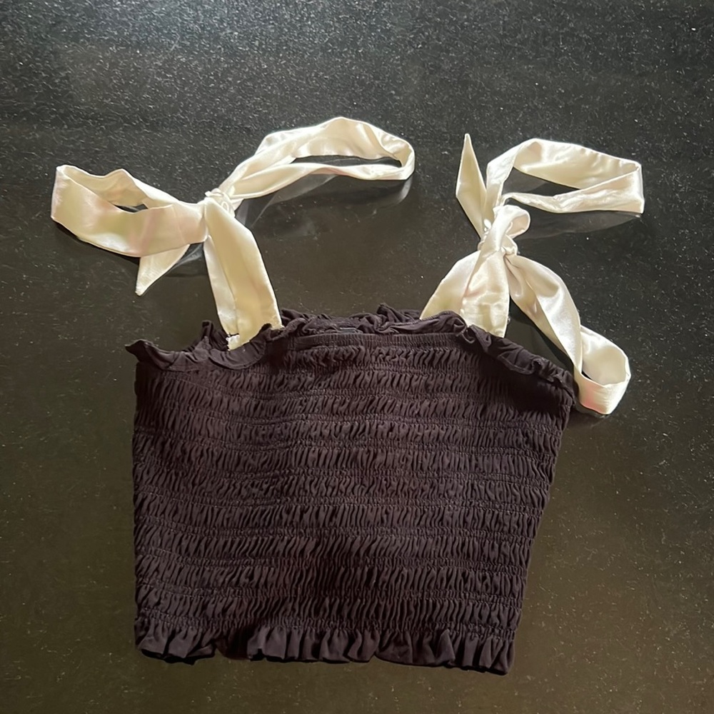 Katie J NYC black scrunched top with silk adjustable straps (size M in teens)
